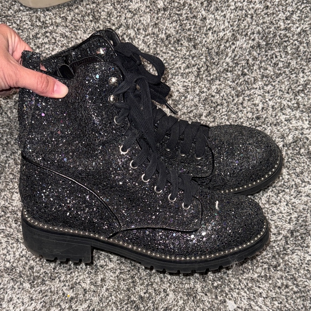 ✨Sparkly Black Glitter Combat Boots